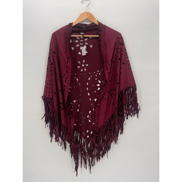 Choies Accessories - NWT Choies Laser Cut and Fringe Faux Suede Shawl Burgundy Cut Out Whisky Goth
